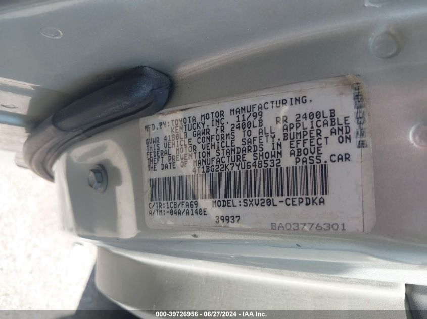 2000 Toyota Camry Ce/Le/Xle VIN: 4T1BG22K7YU648532 Lot: 39726956