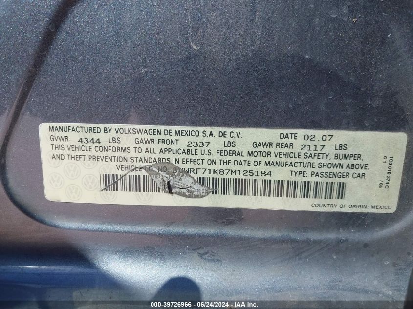 2007 Volkswagen Jetta 2.5 VIN: 3VWRF71K87M125184 Lot: 39726966