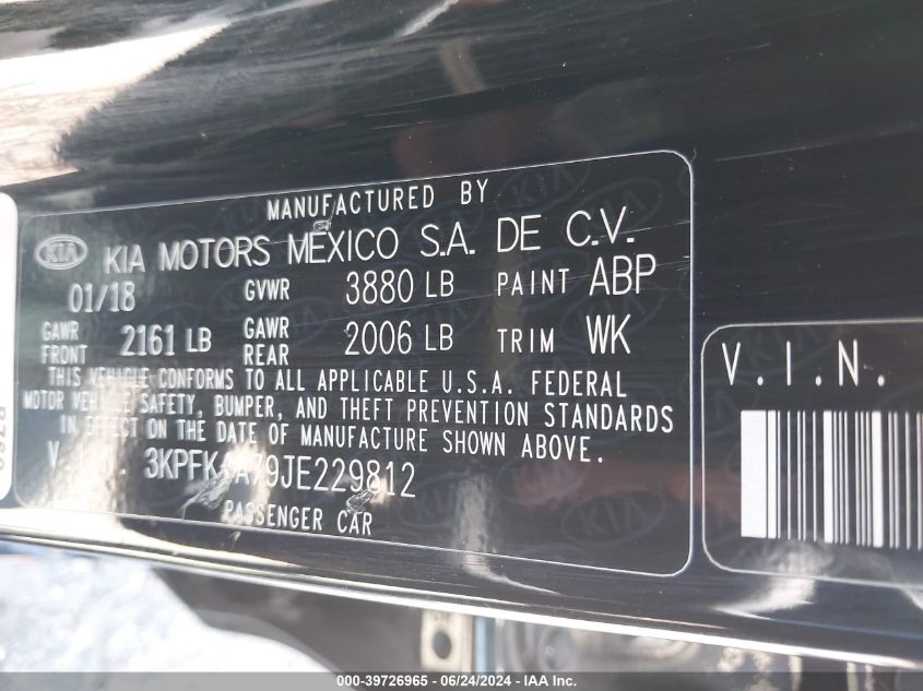2018 Kia Forte Lx VIN: 3KPFK4A79JE229812 Lot: 39726965