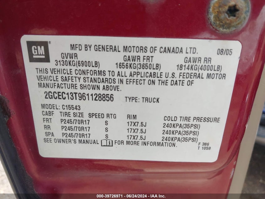 2006 Chevrolet Silverado 1500 Lt2 VIN: 2GCEC13T961128856 Lot: 39726971