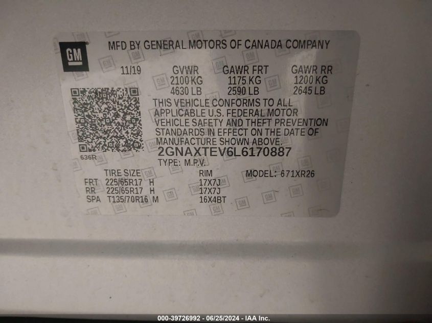 2020 Chevrolet Equinox Lt VIN: 2GNAXTEV6L6170887 Lot: 39726992