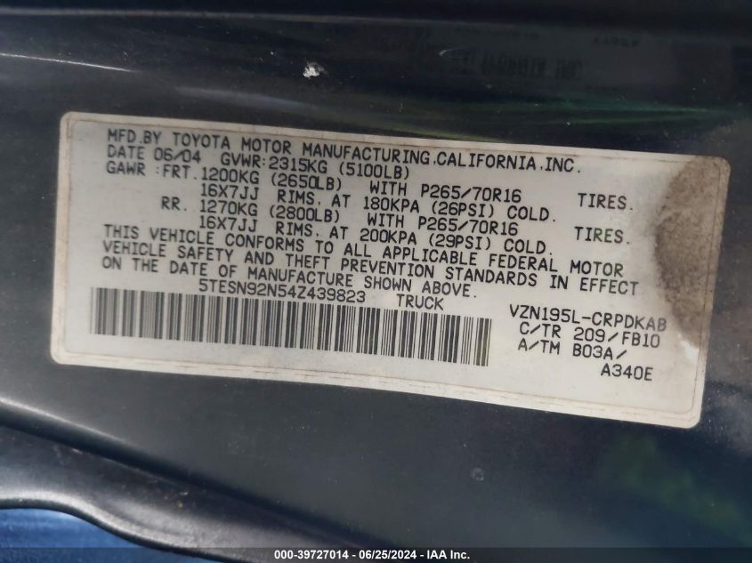 2004 Toyota Tacoma Xtracab Prerunner VIN: 5TESN92N54Z439823 Lot: 39727014