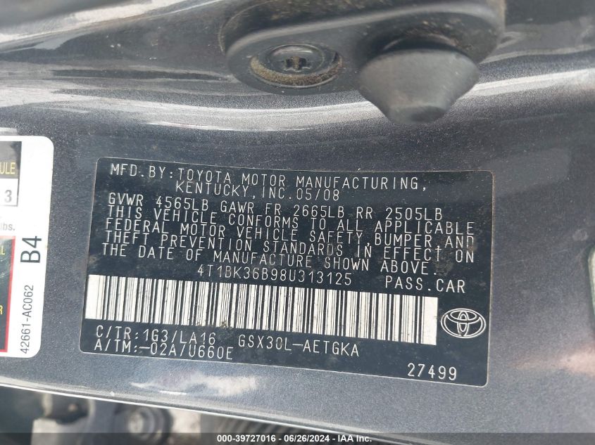 2008 Toyota Avalon Xls VIN: 4T1BK36B98U313125 Lot: 39727016