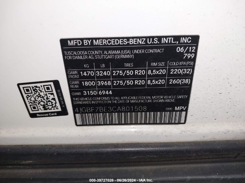 4JGBF7BE3CA801508 2012 Mercedes-Benz Gl 450 4Matic