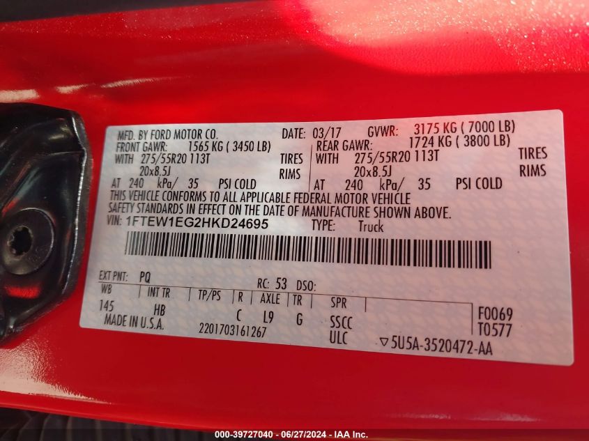 2017 Ford F-150 Lariat VIN: 1FTEW1EG2HKD24695 Lot: 39727040