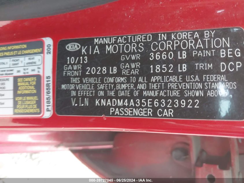 2014 Kia Rio Lx VIN: KNADM4A35E6323922 Lot: 39727045