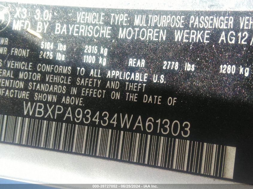 2004 BMW X3 3.0I VIN: WBXPA93434WA61303 Lot: 39727052