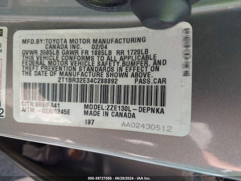 2004 Toyota Corolla Ce/Le/S VIN: 2T1BR32E34C288892 Lot: 39727058