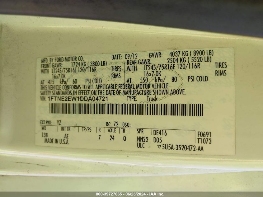 2013 Ford E-250 Commercial VIN: 1FTNE2EW1DDA04721 Lot: 39727065