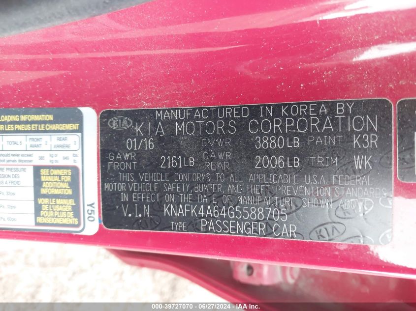 2016 Kia Forte Lx VIN: KNAFK4A64G5588705 Lot: 39727070