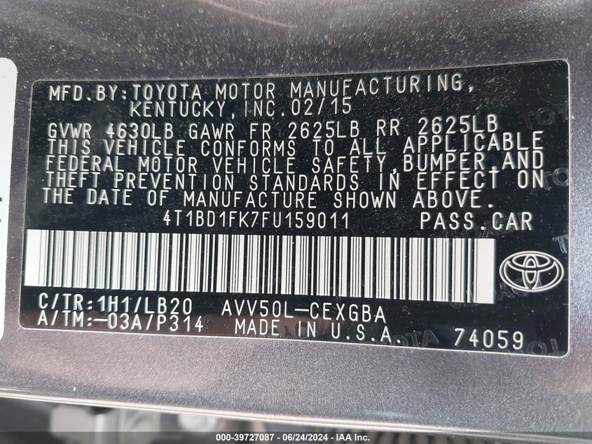 2015 Toyota Camry Hybrid Xle VIN: 4T1BD1FK7FU159011 Lot: 39727087