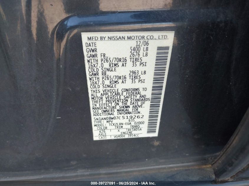 2007 Nissan Xterra Off Road/S/Se VIN: 5N1AN08W073519262 Lot: 39727091