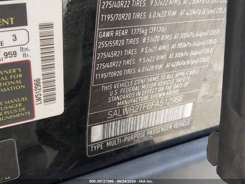 2015 Land Rover Range Rover Sport 5.0L V8 Supercharged VIN: SALWR2TF6FA512966 Lot: 39727096