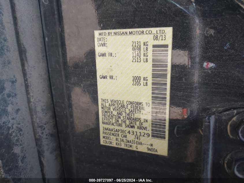 2014 Nissan Maxima 3.5 Sv VIN: 1N4AA5AP3EC431129 Lot: 39727097