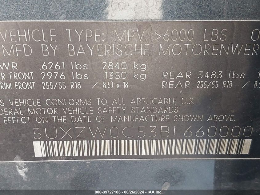 2011 BMW X5 xDrive35D VIN: 5UXZW0C53BL660000 Lot: 39727105