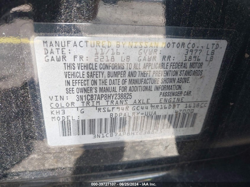 2017 Nissan Sentra Sr Turbo VIN: 3N1CB7AP8HY238825 Lot: 39727107