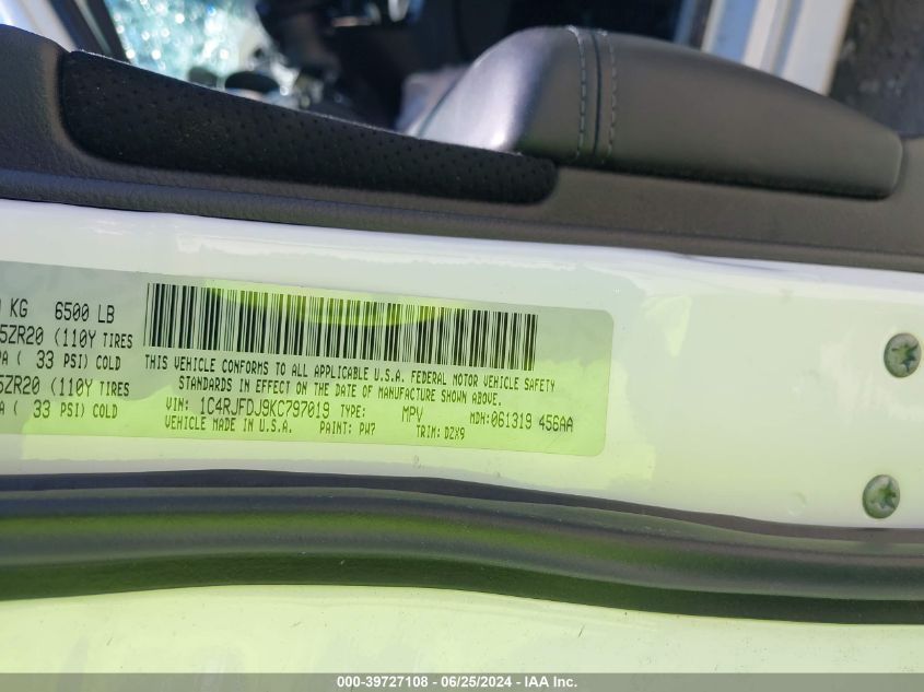 2019 Jeep Grand Cherokee Srt 4X4 VIN: 1C4RJFDJ9KC797019 Lot: 39727108