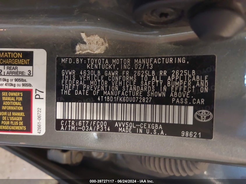 2013 Toyota Camry Hybrid Xle VIN: 4T1BD1FK6DU072827 Lot: 39727117