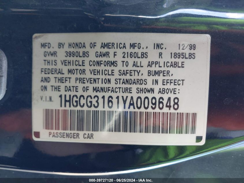 2000 Honda Accord Lx VIN: 1HGCG3161YA009648 Lot: 39727120
