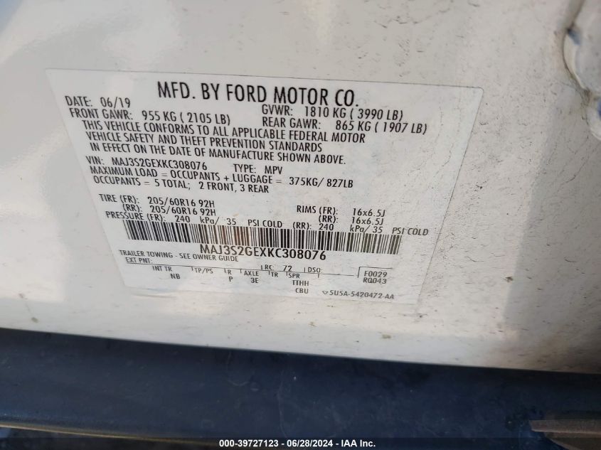 MAJ3S2GEXKC308076 2019 Ford Ecosport Se