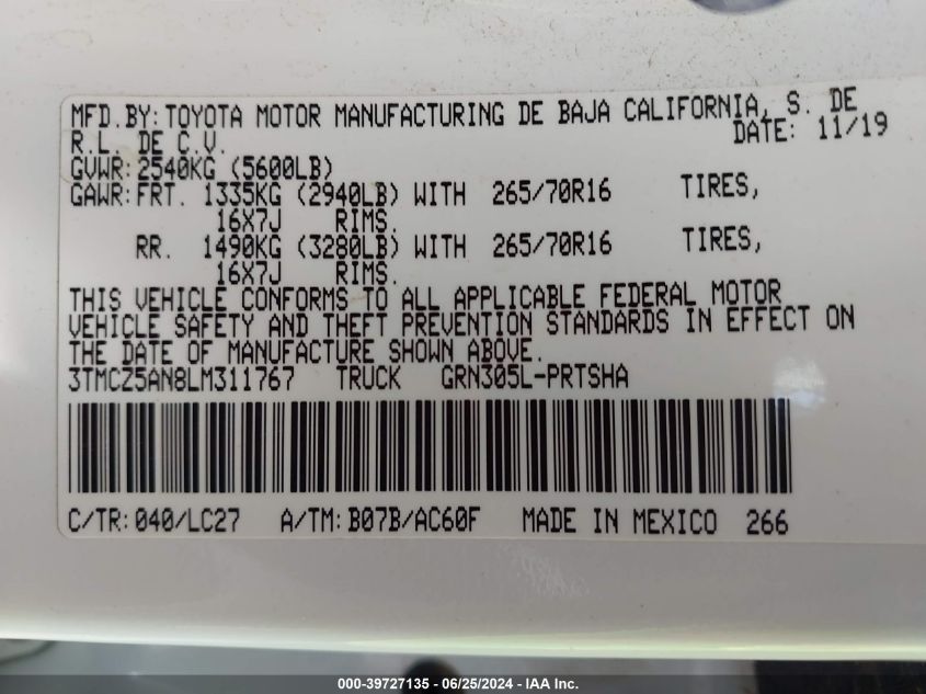 2020 Toyota Tacoma Trd Off-Road VIN: 3TMCZ5AN8LM311767 Lot: 39727135