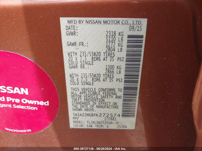 2015 Nissan Murano Platinum VIN: 5N1AZ2MG8FN272574 Lot: 39727136