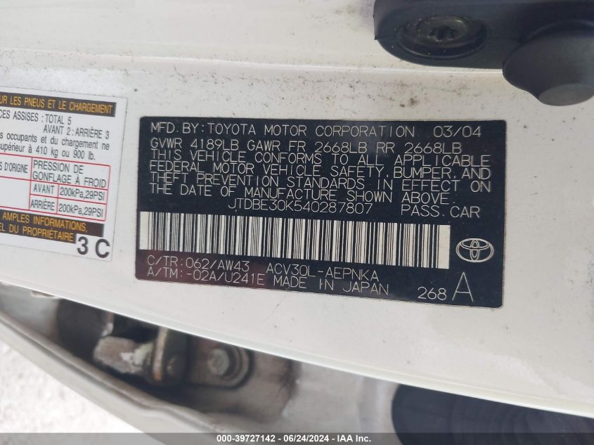 2004 Toyota Camry Le/Se/Xle VIN: JTDBE30K540287807 Lot: 39727142