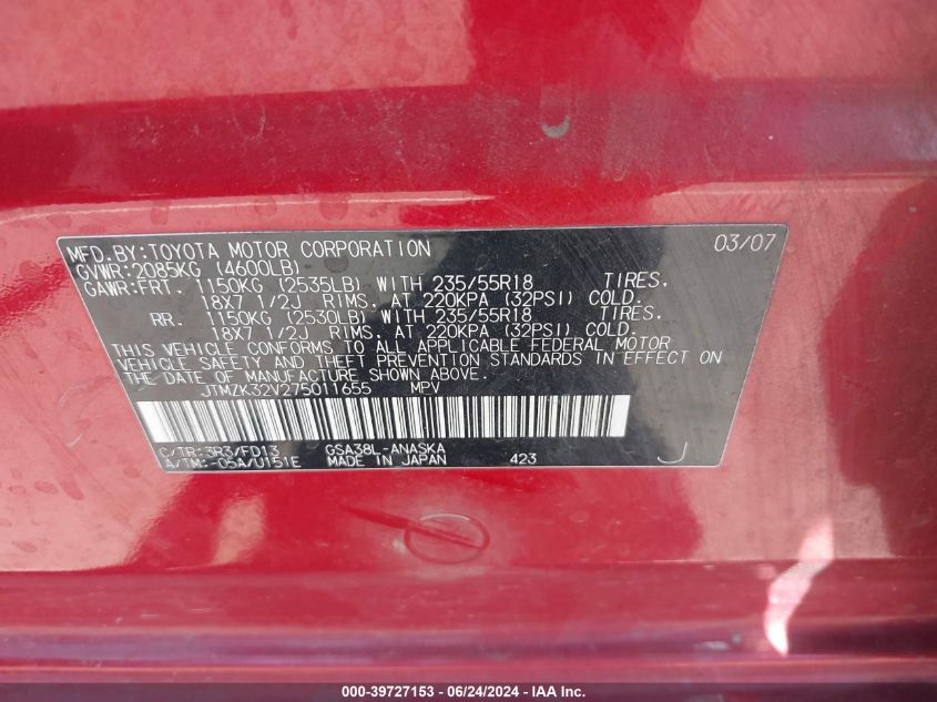 2007 Toyota Rav4 Sport V6 VIN: JTMZK32V275011655 Lot: 39727153