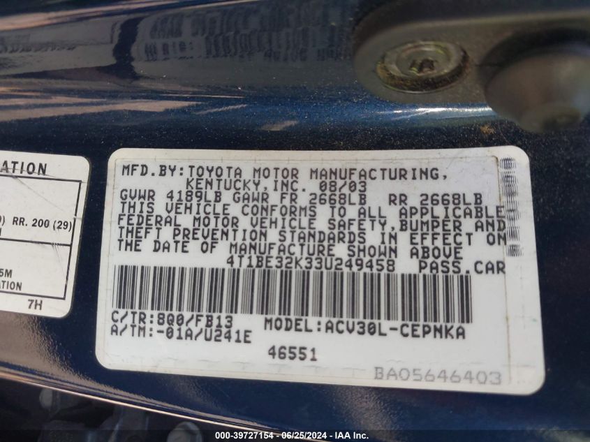 2003 Toyota Camry Le VIN: 4T1BE32K33U249458 Lot: 39727154