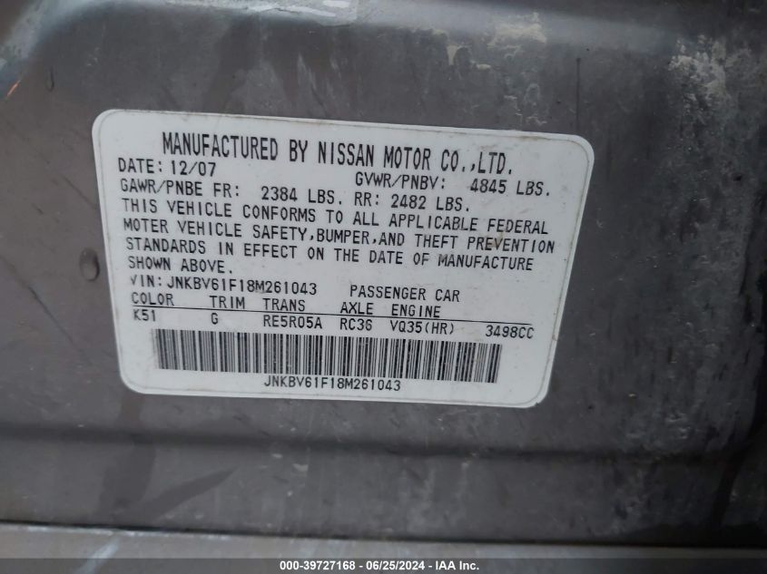 2008 Infiniti G35X VIN: JNKBV61F18M261043 Lot: 39727168