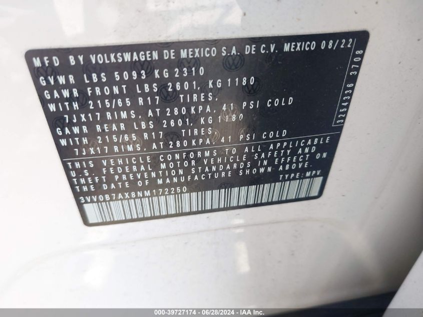 2022 VOLKSWAGEN TIGUAN S - 3VV0B7AX8NM172250