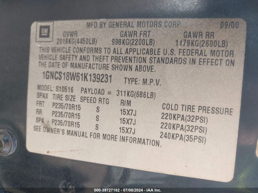 2001 Chevrolet Blazer Ls VIN: 1GNCS18W61K139231 Lot: 39727182