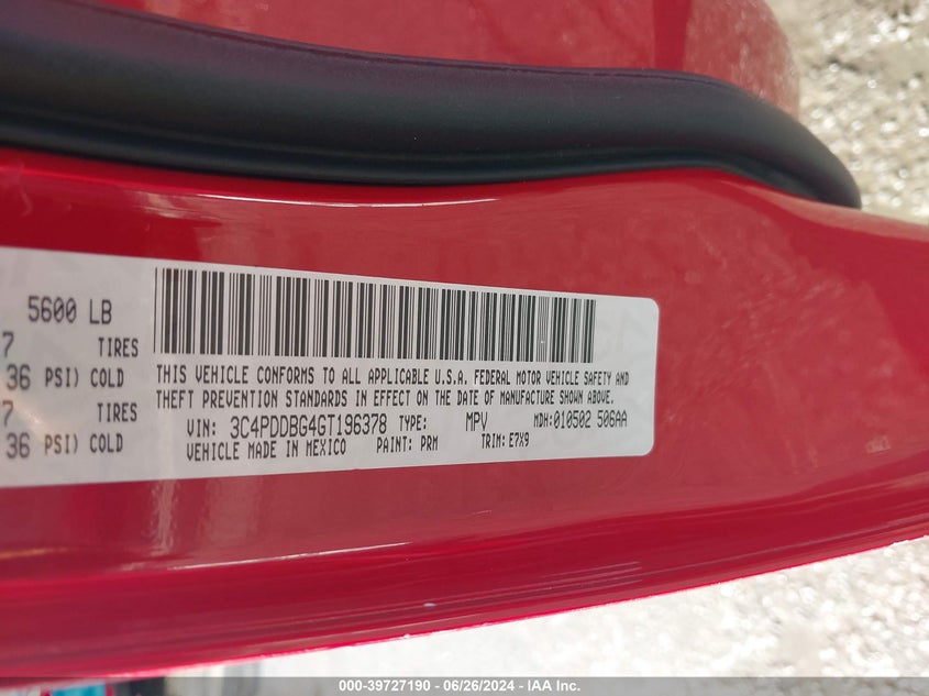 2016 Dodge Journey Sxt VIN: 3C4PDDBG4GT196378 Lot: 39727190