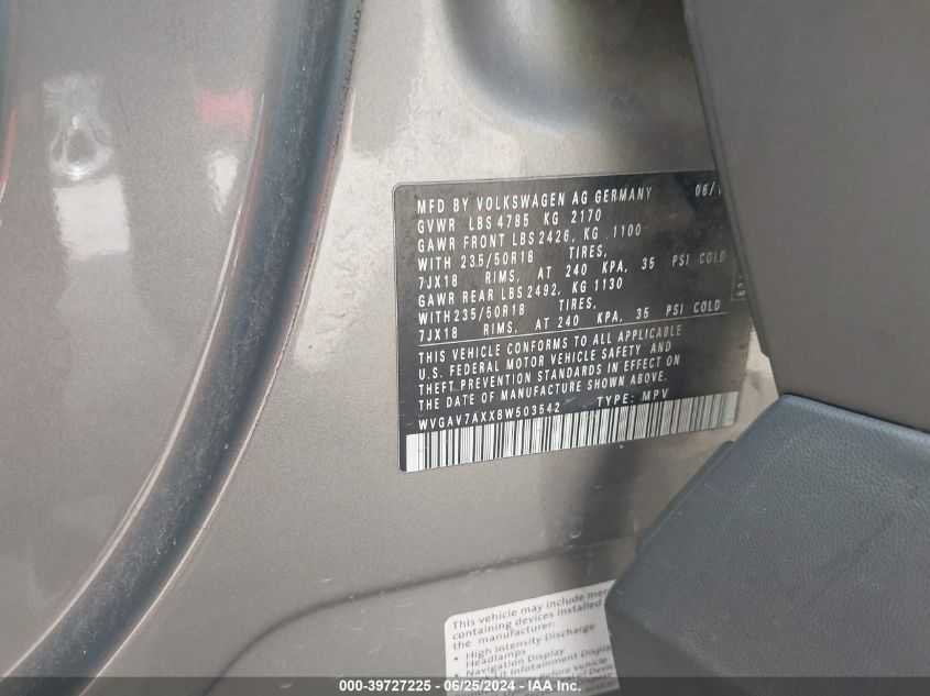2011 Volkswagen Tiguan Se VIN: WVGAV7AXXBW503542 Lot: 39727225