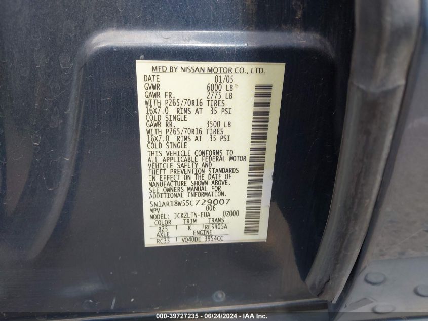 2005 Nissan Pathfinder Se VIN: 5N1AR18W55C729007 Lot: 39727235