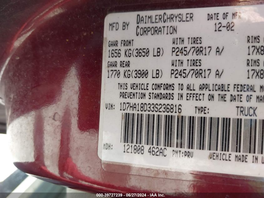 2003 Dodge Ram 1500 Slt/Laramie/St VIN: 1D7HA18D33S236816 Lot: 39727239