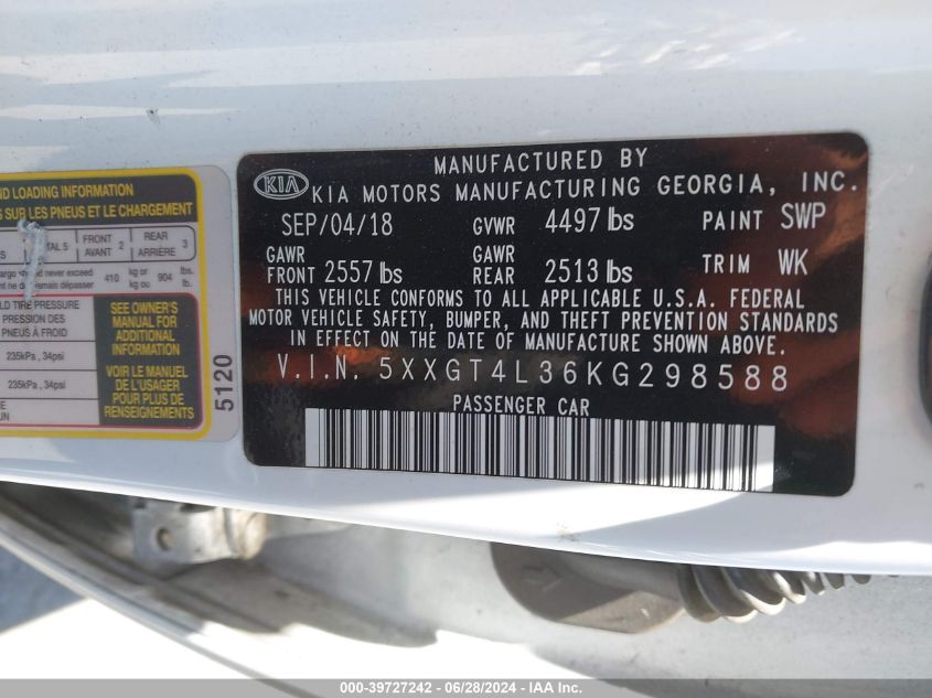 2019 Kia Optima Lx VIN: 5XXGT4L36KG298588 Lot: 39727242