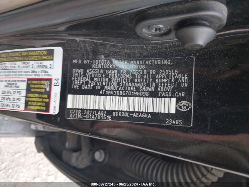 2007 Toyota Avalon Xl/Xls/Touring/Limited VIN: 4T1BK36B67U196098 Lot: 39727245