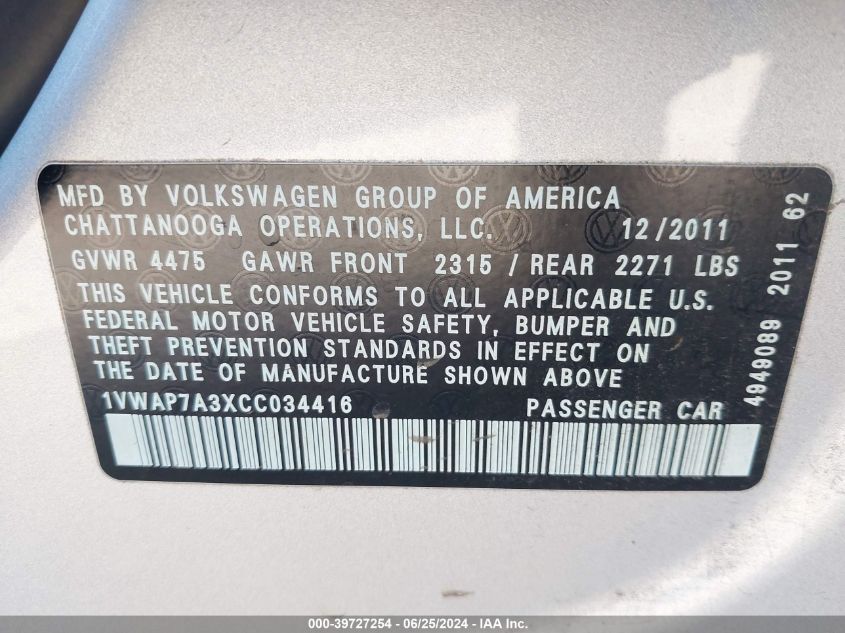 2012 Volkswagen Passat S VIN: 1VWAP7A3XCC034416 Lot: 39727254