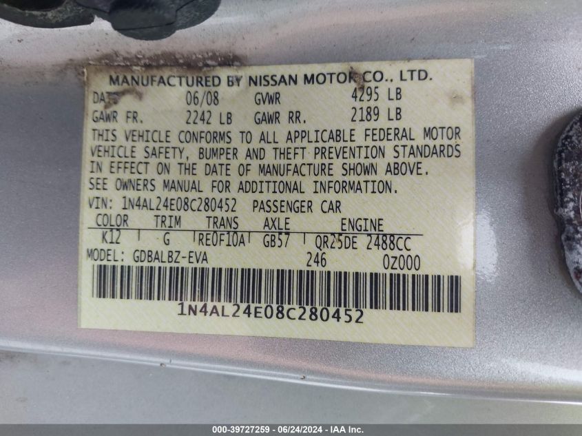 2008 Nissan Altima 2.5 S VIN: 1N4AL24E08C280452 Lot: 39727259
