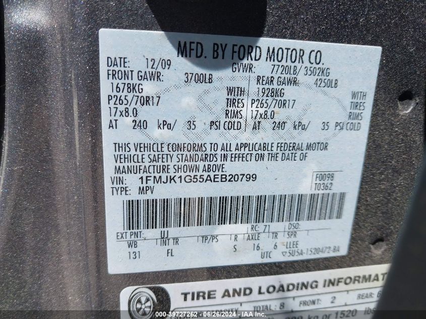 2010 Ford Expedition El Xlt VIN: 1FMJK1G55AEB20799 Lot: 39727262