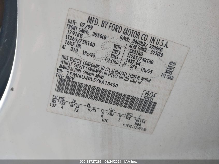 2000 Ford Excursion Xlt VIN: 1FMNU40L5YEA13400 Lot: 39727263