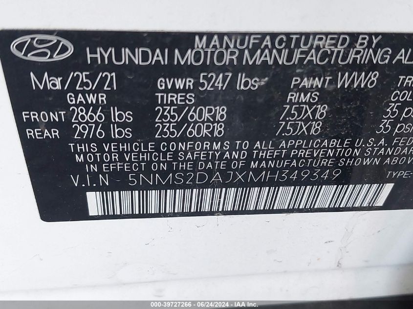 2021 HYUNDAI SANTA FE(VIN: 5NMS2DAJXMH349349