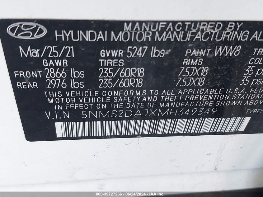 2021 Hyundai Santa Fe Sel VIN: 5NMS2DAJXMH349349 Lot: 39727266