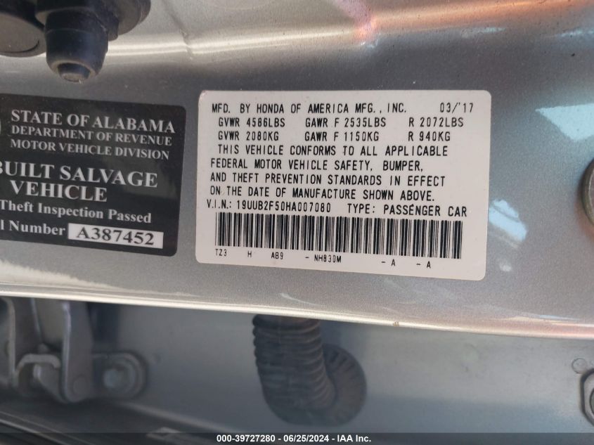 2017 Acura Tlx Technology Package VIN: 19UUB2F50HA007080 Lot: 39727280