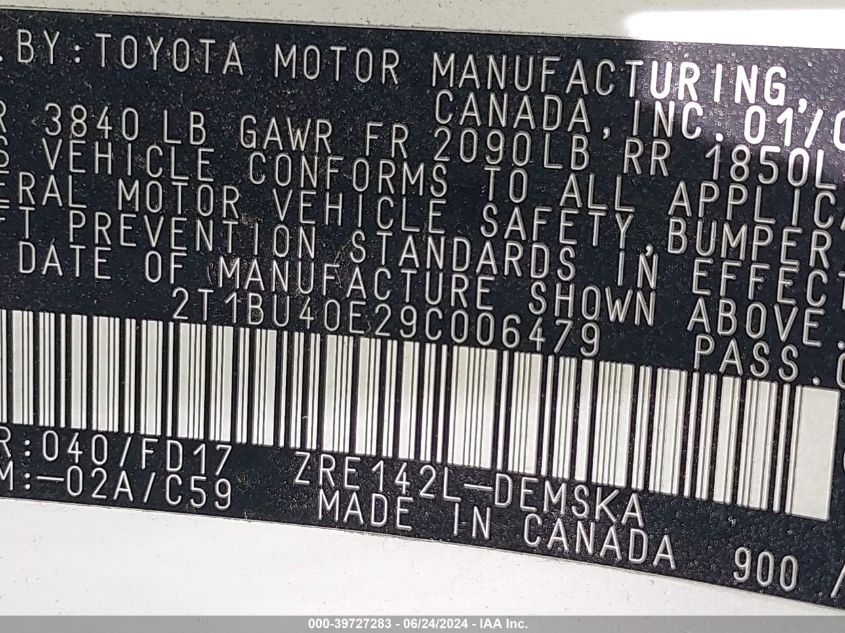 2009 Toyota Corolla S VIN: 2T1BU40E29C006479 Lot: 39727283