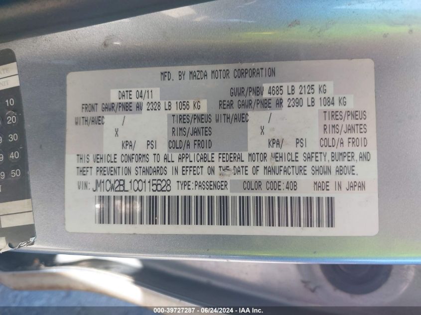 2012 Mazda Mazda5 Sport VIN: JM1CW2BL1C0115628 Lot: 39727287