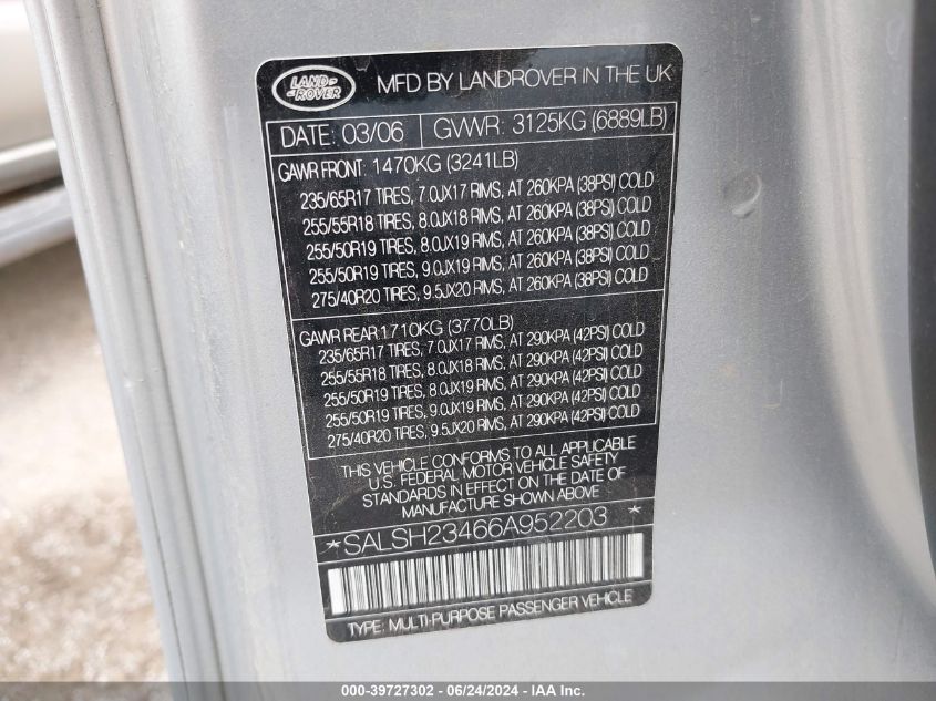 2006 Land Rover Range Rover Sport Supercharged VIN: SALSH23466A952203 Lot: 39727302