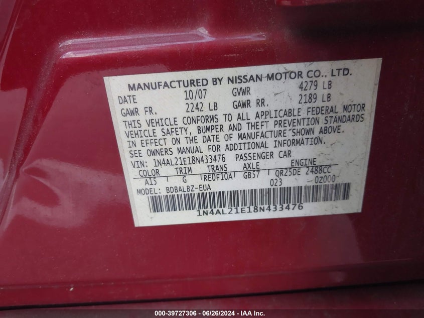 2008 Nissan Altima 2.5 S VIN: 1N4AL21E18N433476 Lot: 39727306