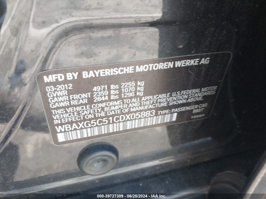 2012 BMW 528I VIN: WBAXG5C51CDX05883 Lot: 39727309